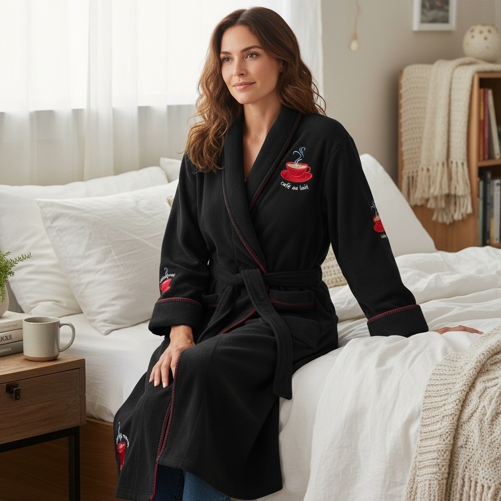 Delicates Coffee Mug Robe Faded Black Fleece Belted‎ & Embroidered Oversized S